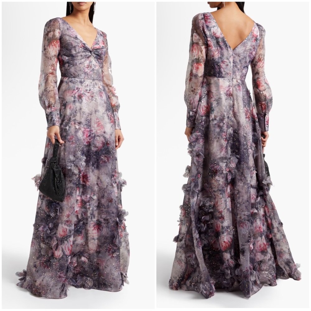 MARCHESA NOTTE‎ Women Size 4 Maeve Twisted Floral-Appliquéd Printed Organza Gown